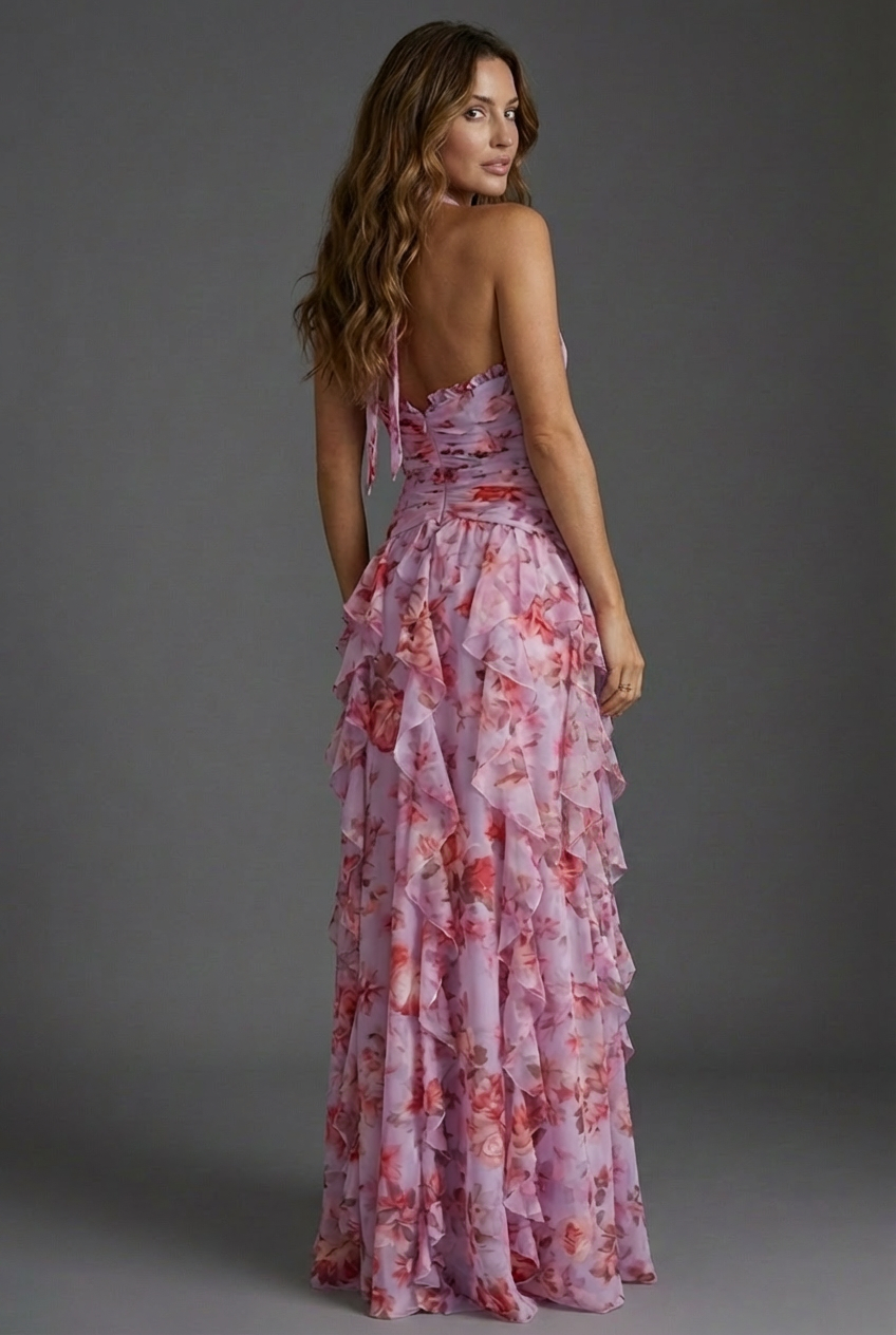 Floral Print Halterneck Ruffle Chiffon Style Maxi Dress