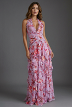 Floral Print Halterneck Ruffle Chiffon Style Maxi Dress