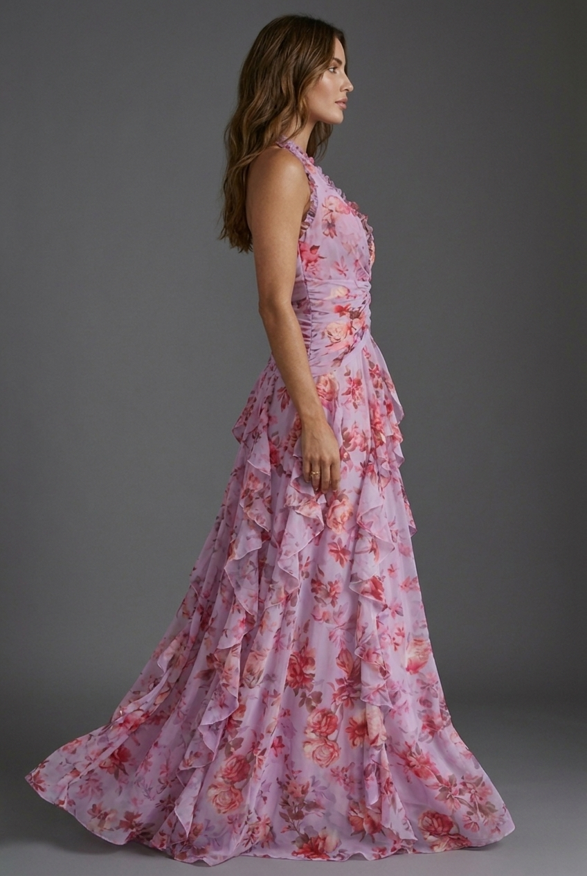 Floral Print Halterneck Ruffle Chiffon Style Maxi Dress