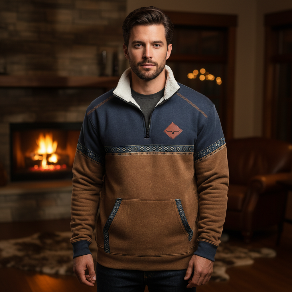 Men’s Quarter Zip Fleece Sweater Sherpa Collar Printed Trim