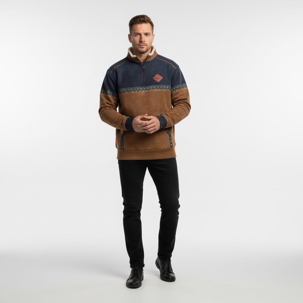 Men’s Quarter Zip Fleece Sweater Sherpa Collar Printed Trim