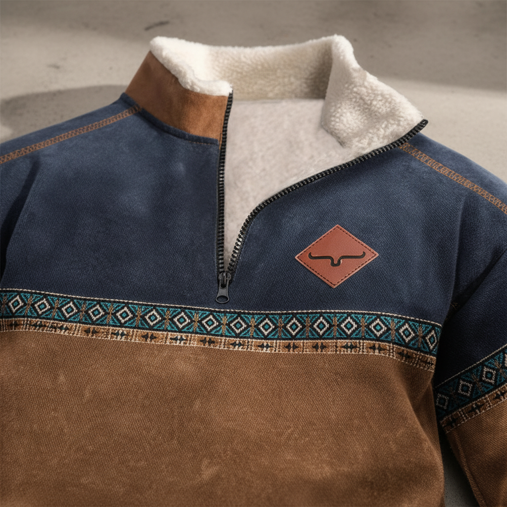 Men’s Quarter Zip Fleece Sweater Sherpa Collar Printed Trim