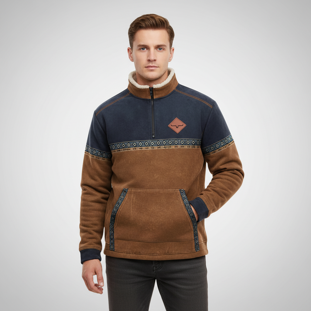 Men’s Quarter Zip Fleece Sweater Sherpa Collar Printed Trim