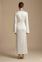Women’s Satin Long Sleeve Maxi Dress with Round Neck and Tie Waist