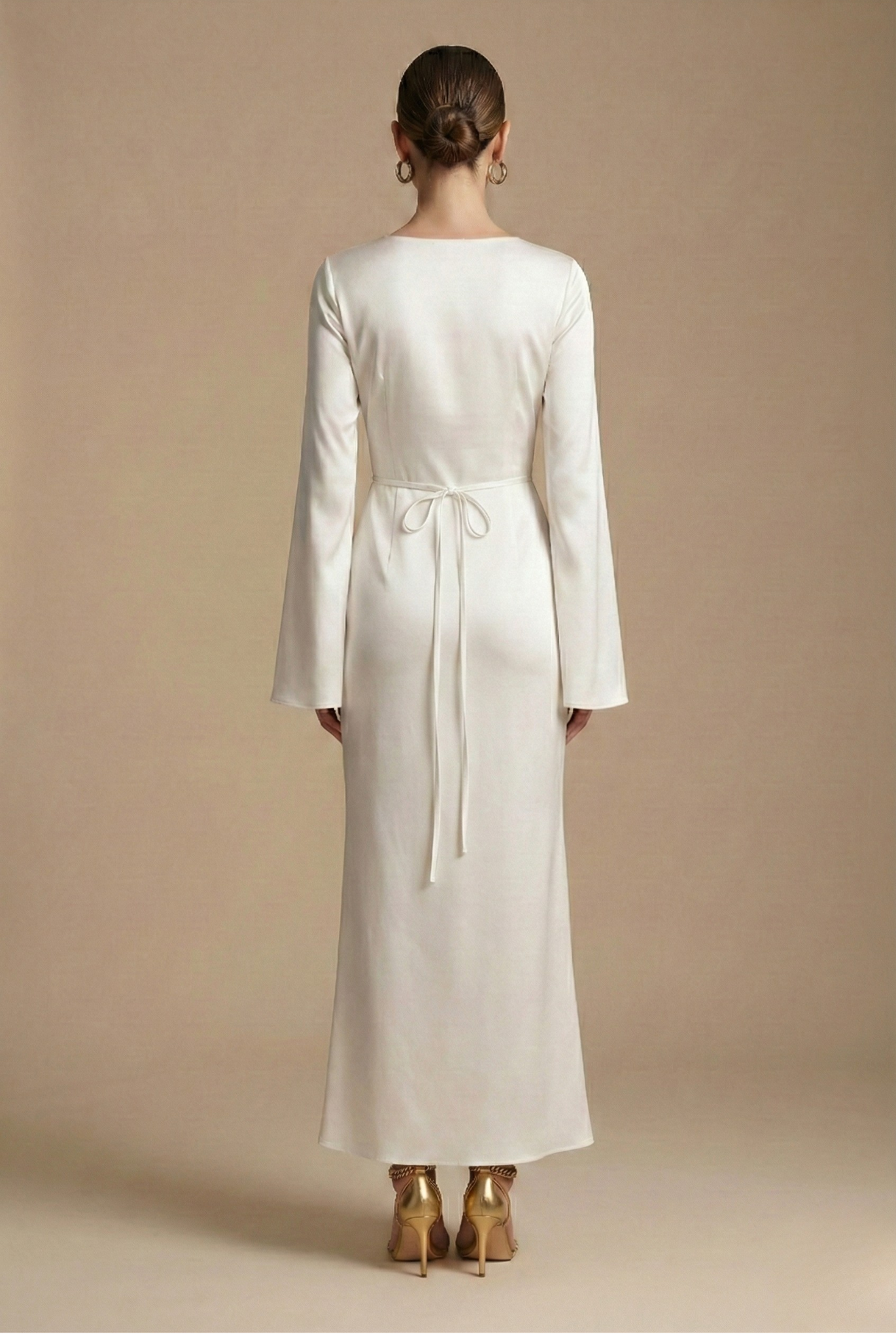 Women’s Satin Long Sleeve Maxi Dress with Round Neck and Tie Waist