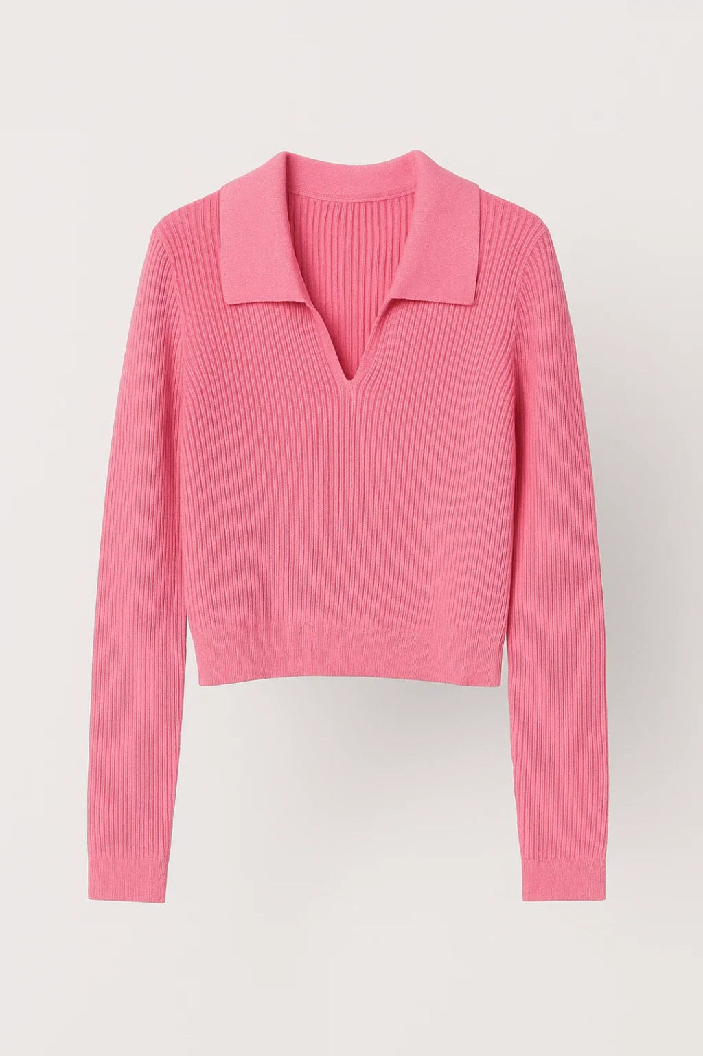 Women’s Ribbed Knit Sweater Collared V Neck Cropped Fit