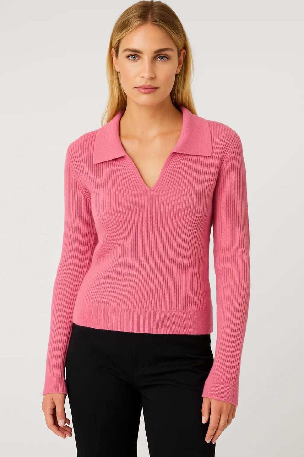 Women’s Ribbed Knit Sweater Collared V Neck Cropped Fit