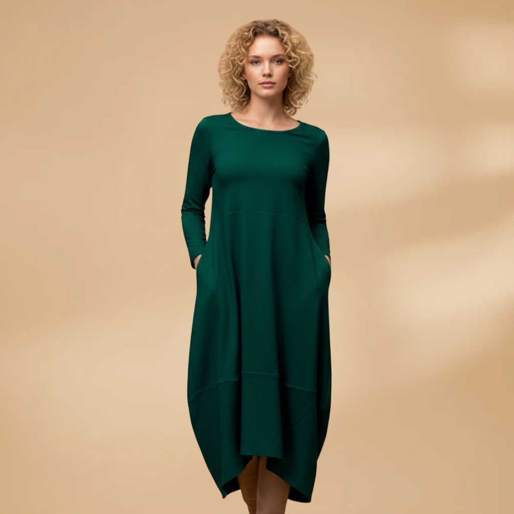 Women Midi Dress with Round Neck and Regular Sleeves