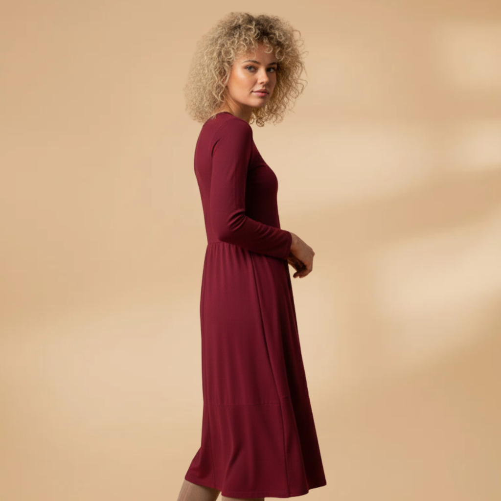 Women Midi Dress with Round Neck and Regular Sleeves