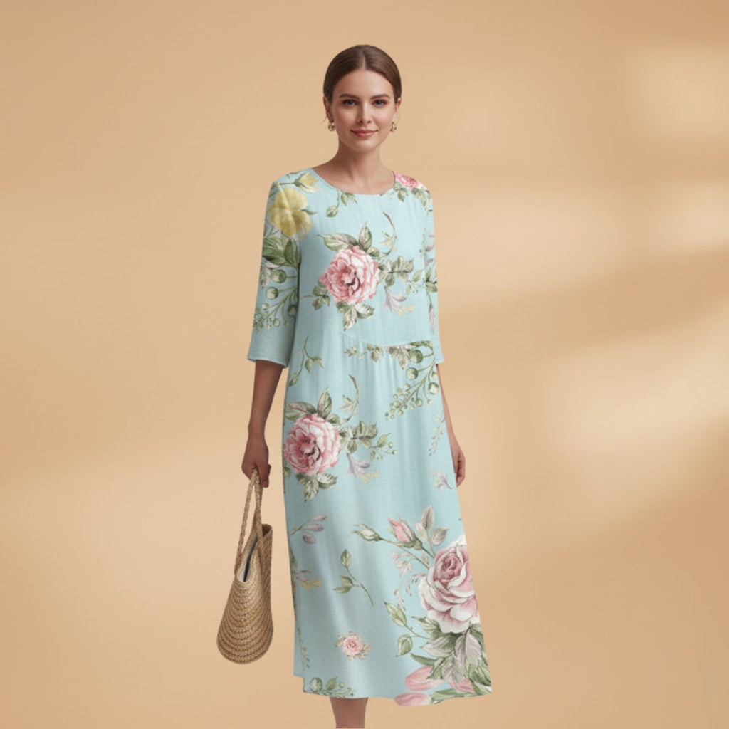 Women's A-Line Dress with V-Neck and Floral Pattern