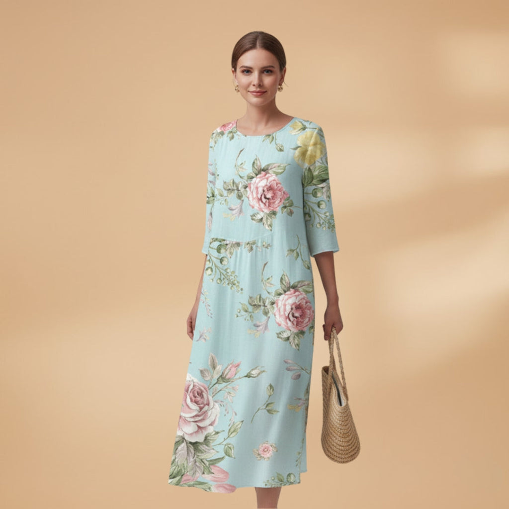 Women's A-Line Dress with V-Neck and Floral Pattern