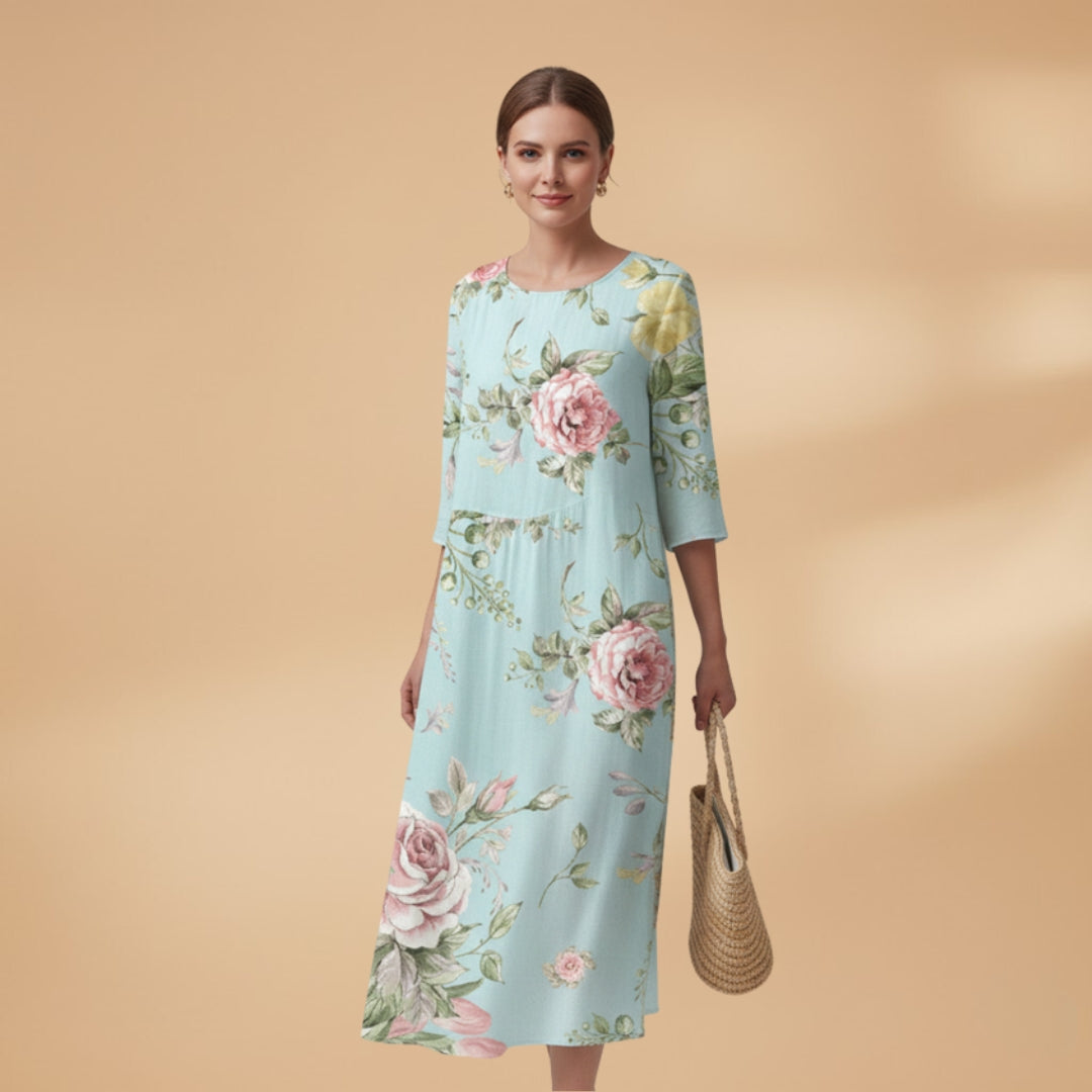 Women's A-Line Dress with V-Neck and Floral Pattern