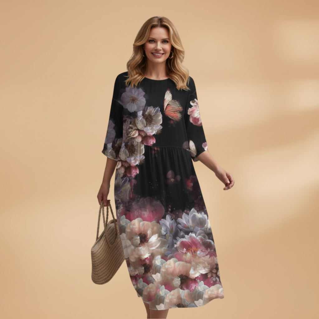 Women's A-Line Dress with V-Neck and Floral Pattern