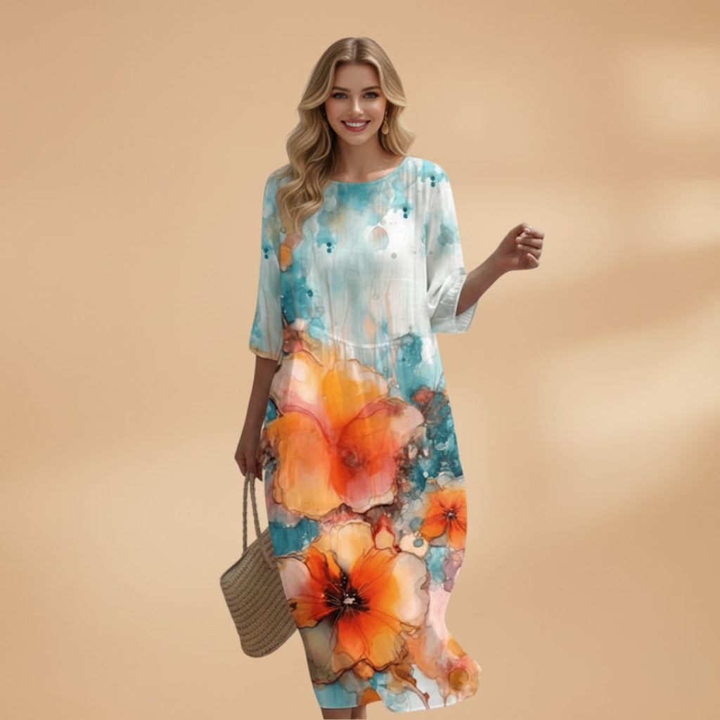 Women's A-Line Dress with V-Neck and Floral Pattern