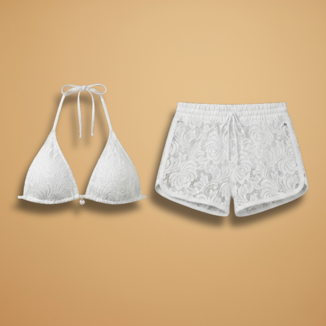 Women’s Bikini Set with Lace Shorts and Strapless Top