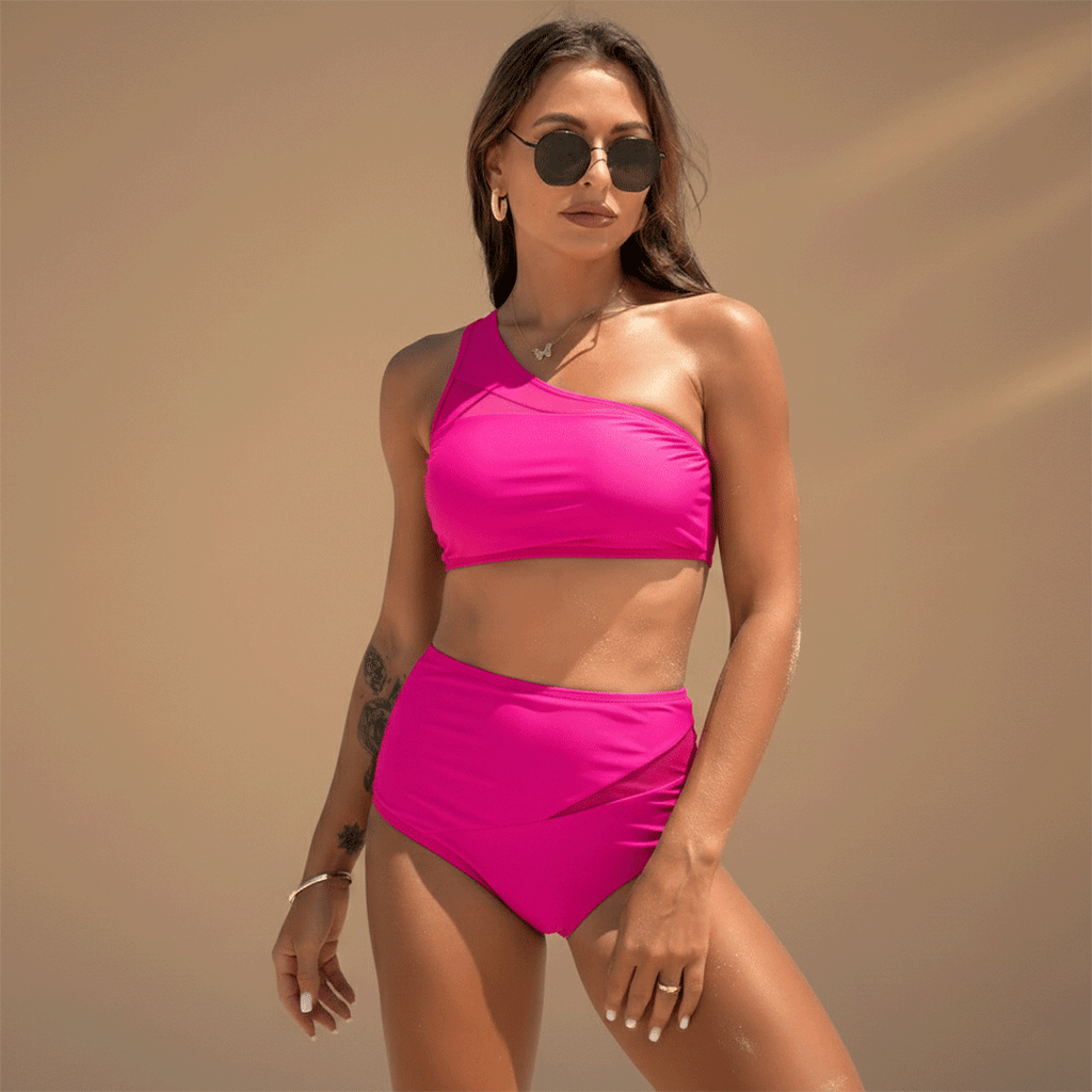 Women’s Bikini Set with One-Shoulder Top and High-Waisted Bottoms