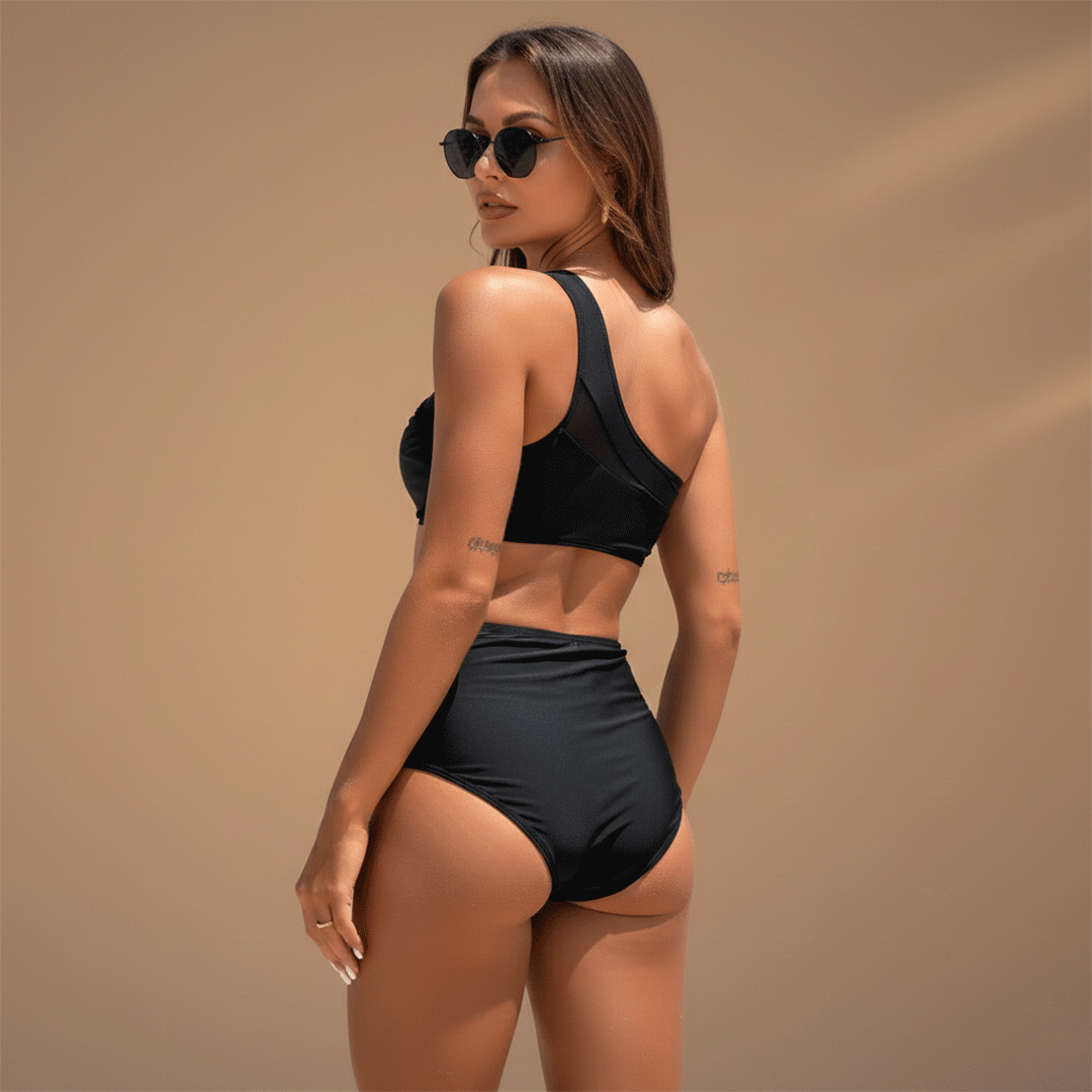 Women’s Bikini Set with One-Shoulder Top and High-Waisted Bottoms