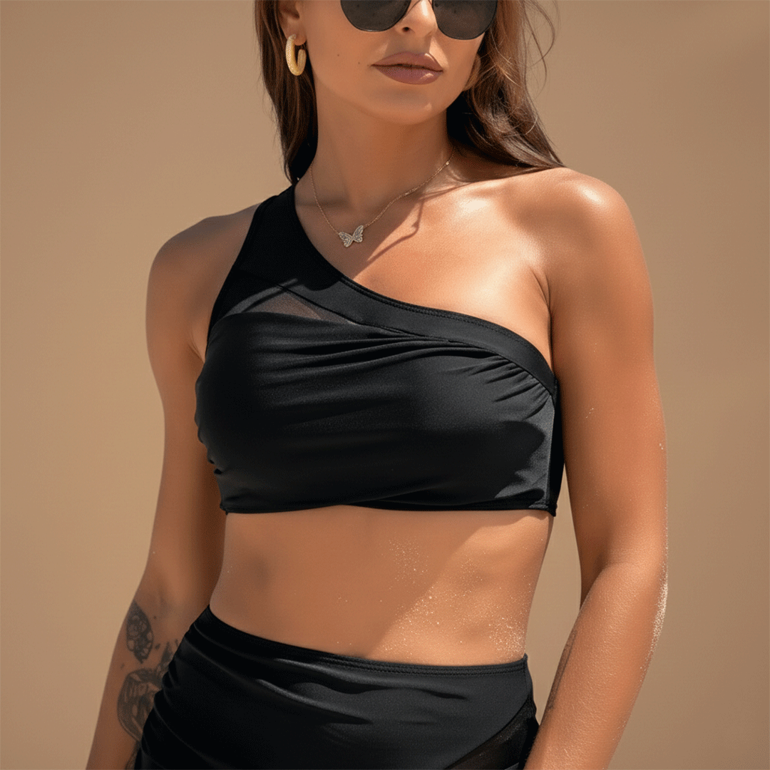 Women’s Bikini Set with One-Shoulder Top and High-Waisted Bottoms