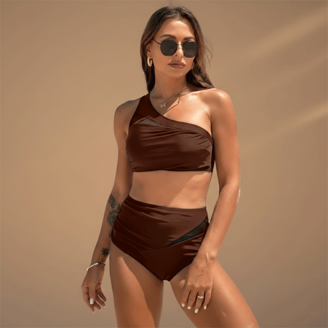 Women’s Bikini Set with One-Shoulder Top and High-Waisted Bottoms