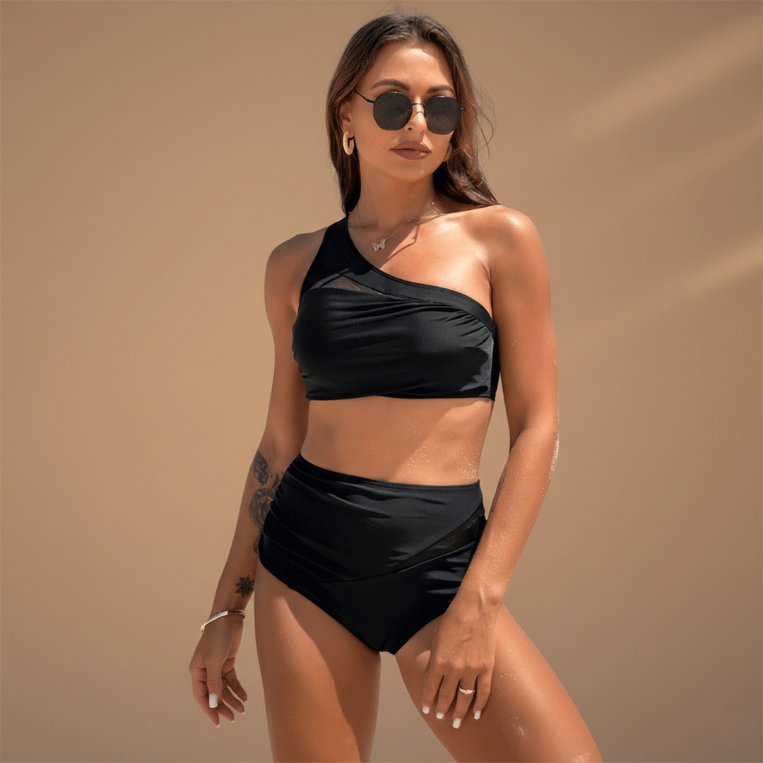 Women’s Bikini Set with One-Shoulder Top and High-Waisted Bottoms