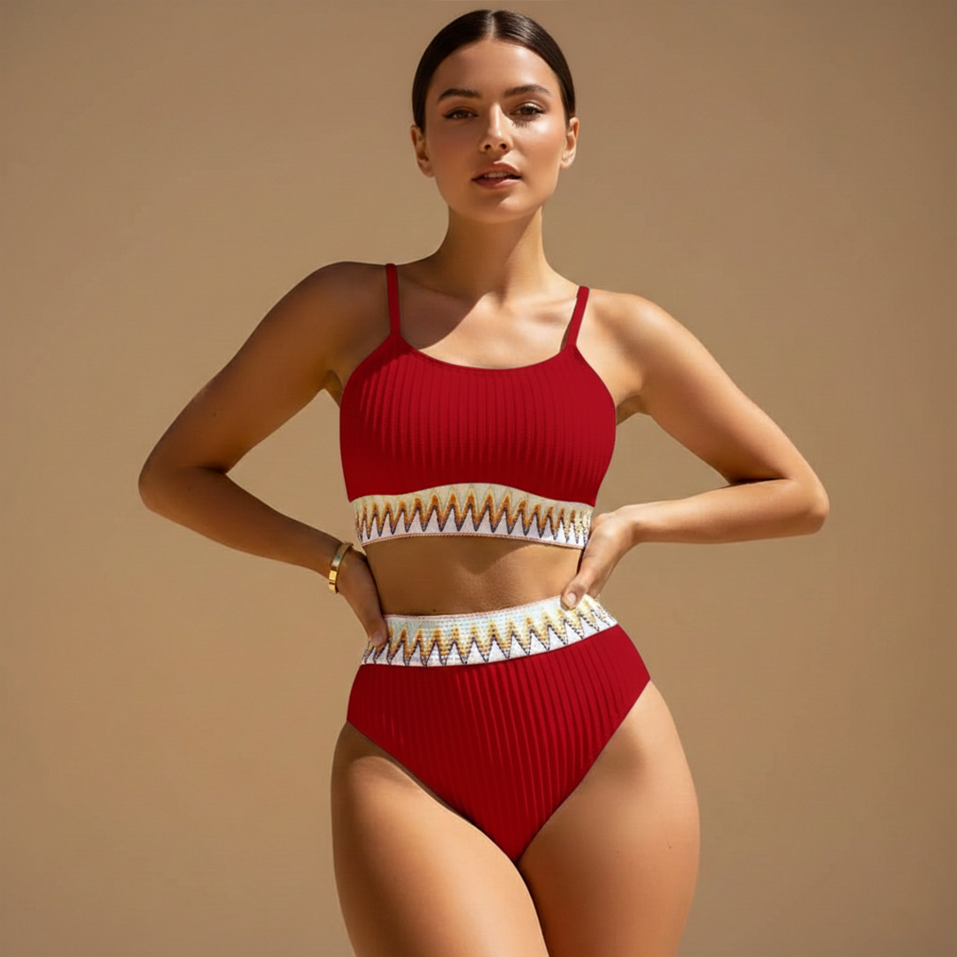 Women’s Bikini Set with Ribbed Top and High-Waisted Bottom