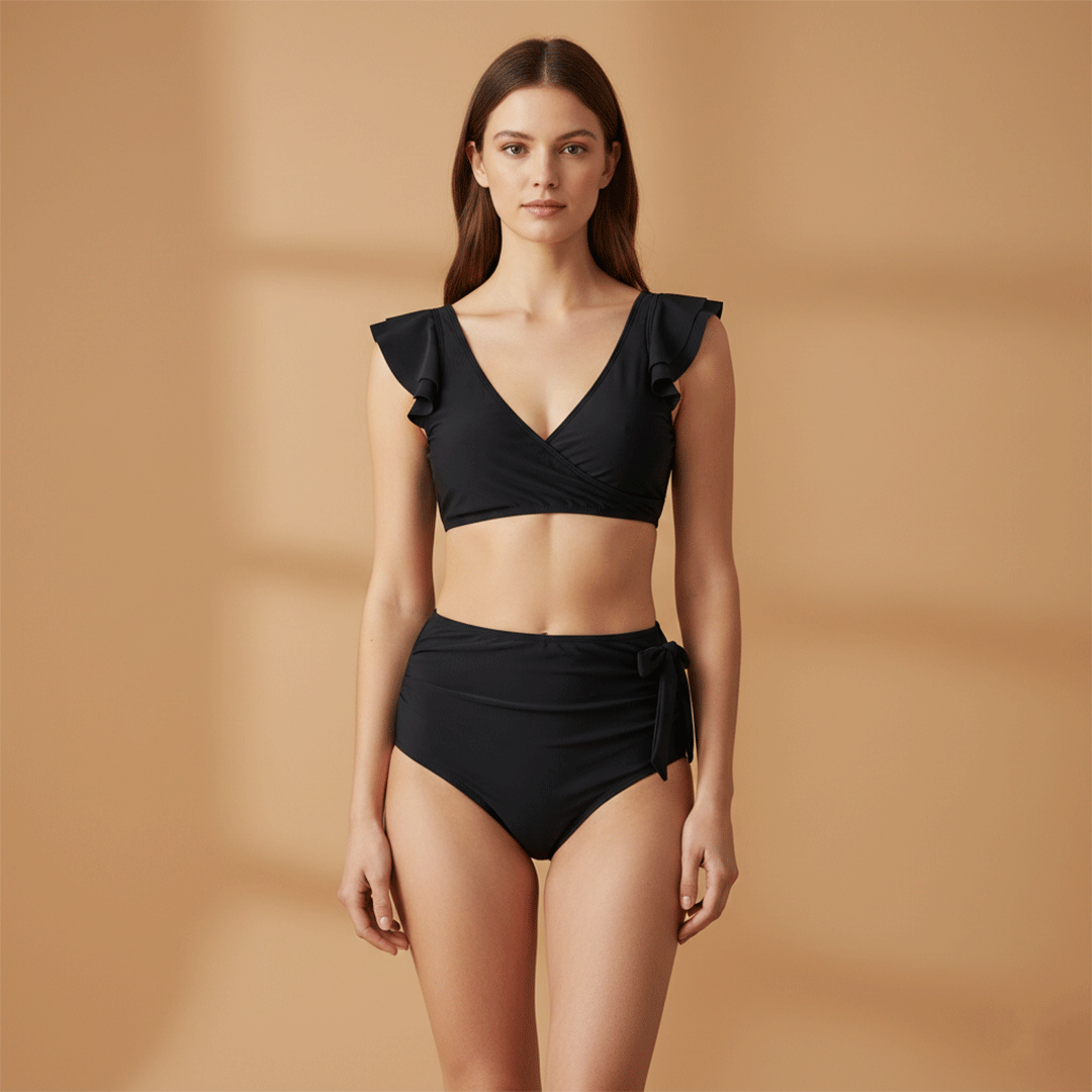 Women’s Bikini Set with Ruffled Sleeves and High‑Waisted Bottoms