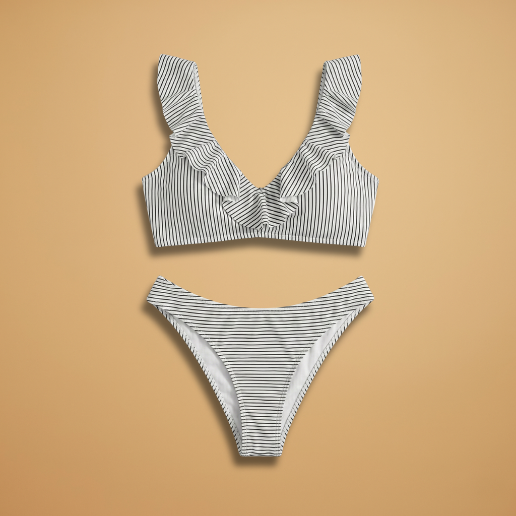 Women's Bikini Set with Stripes and Ruffle Design
