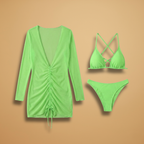 Women’s Bikini Three-Piece Set with Solid Colour and Breast Padding