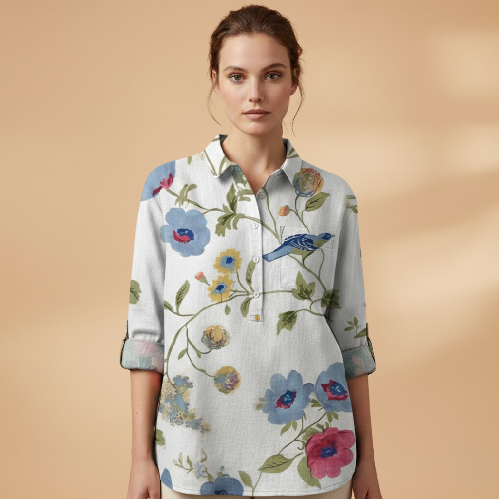 Women's Blouse with Floral Print and Rolled-Up Sleeves