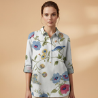 Women's Blouse with Floral Print and Rolled-Up Sleeves