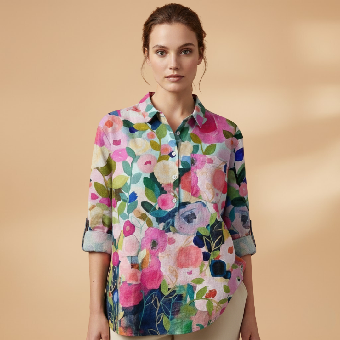 Women's Blouse with Floral Print and Rolled-Up Sleeves