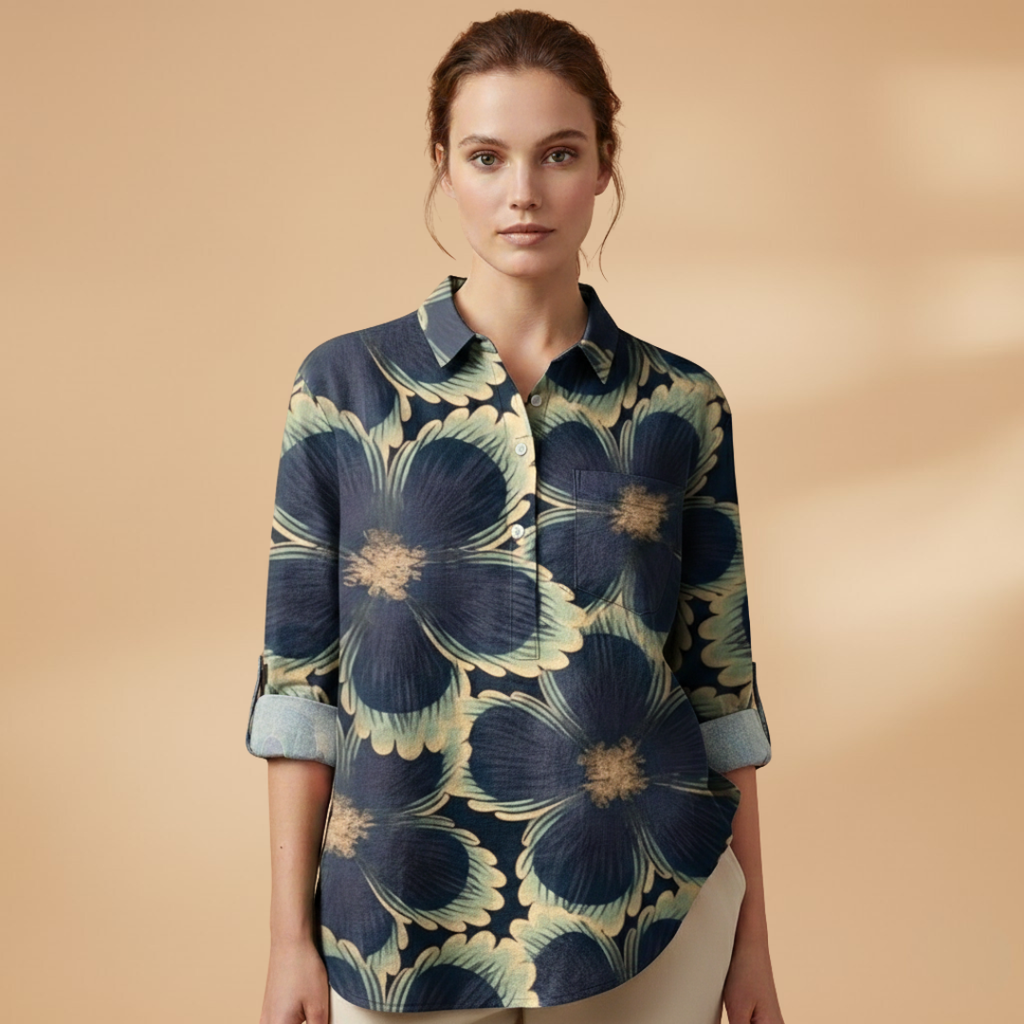 Women's Blouse with Floral Print and Rolled-Up Sleeves