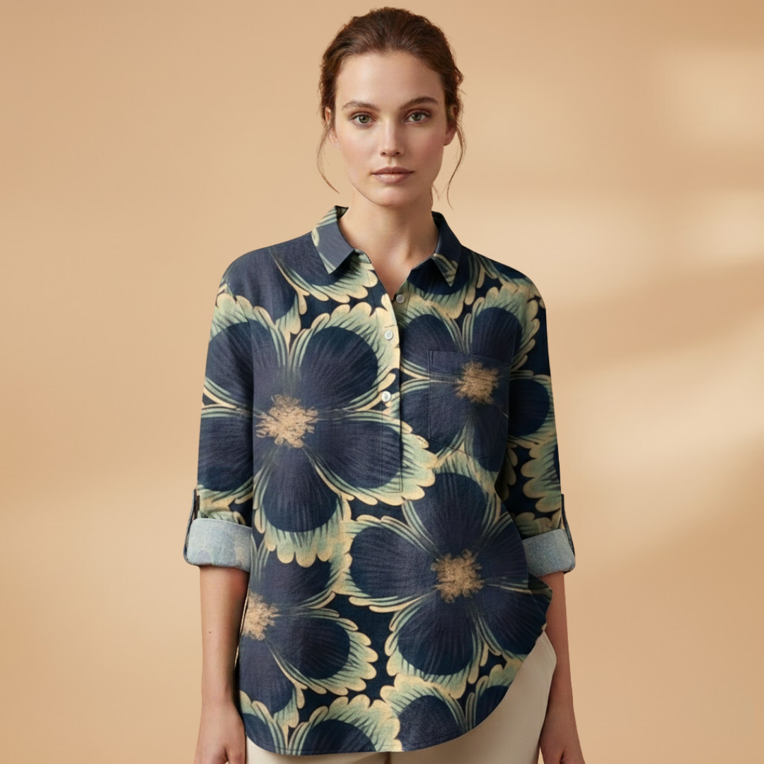 Women's Blouse with Floral Print and Rolled-Up Sleeves