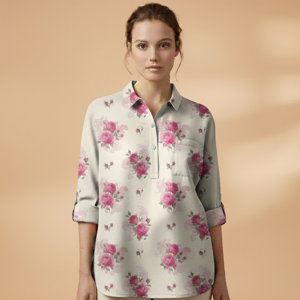 Women's Blouse with Floral Print and Rolled-Up Sleeves