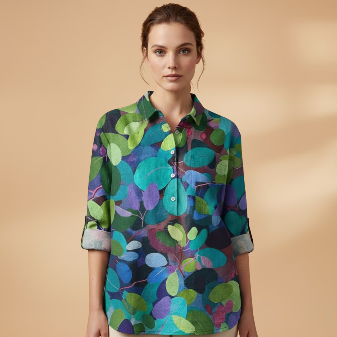 Women's Blouse with Floral Print and Rolled-Up Sleeves