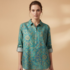 Women's Blouse with Floral Print and Rolled-Up Sleeves