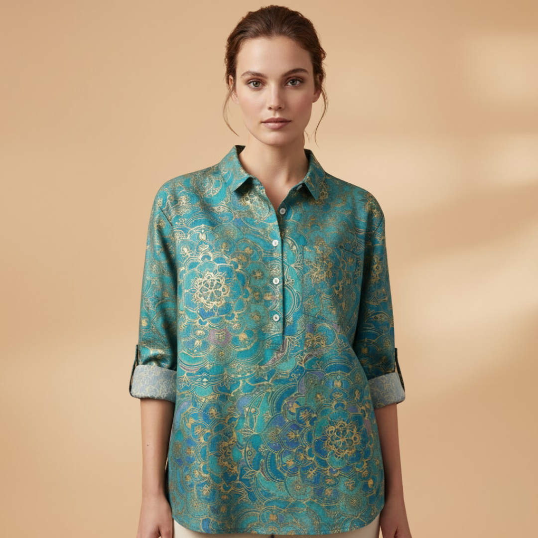 Women's Blouse with Floral Print and Rolled-Up Sleeves