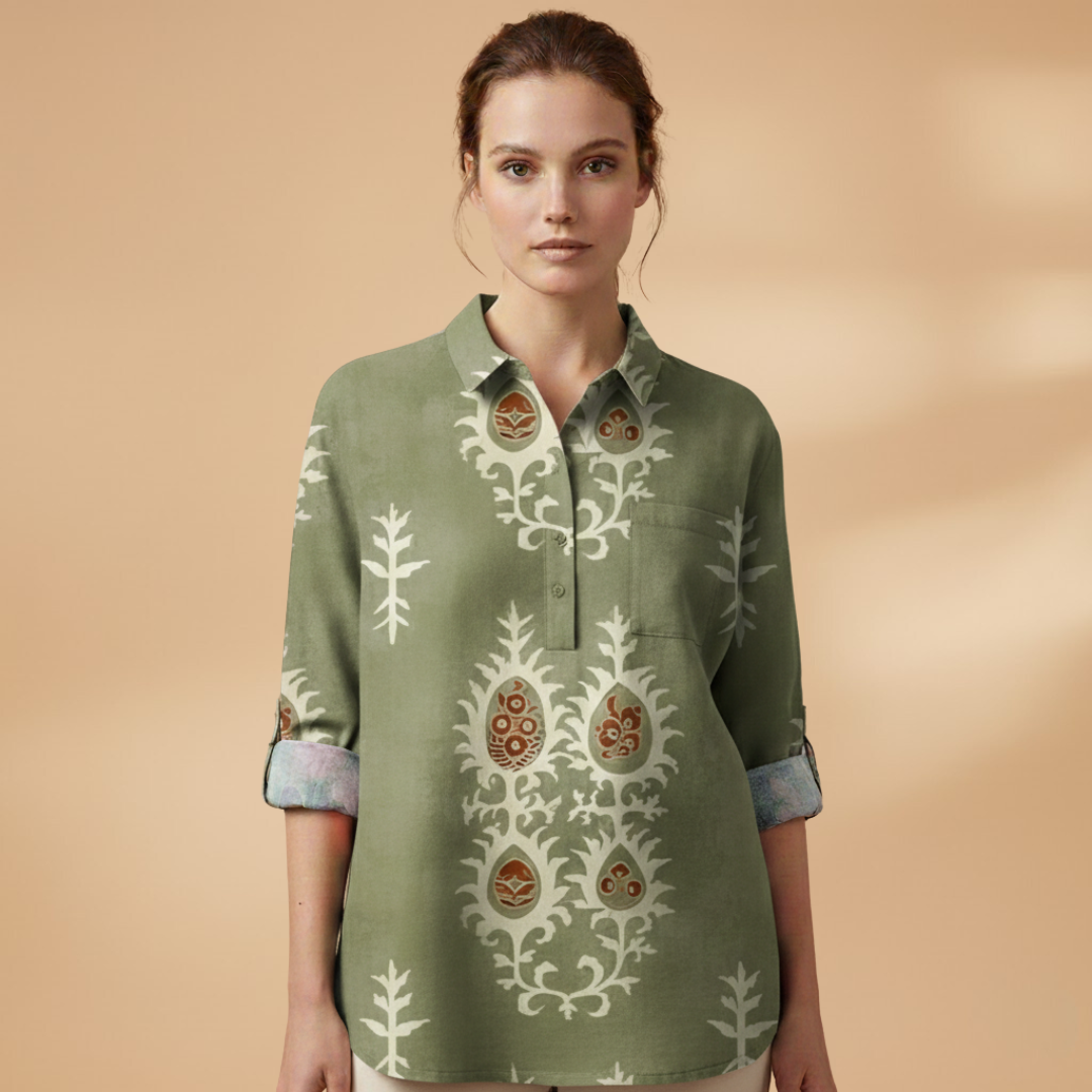Women's Blouse with Floral Print and Rolled-Up Sleeves