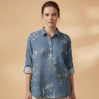 Women's Blouse with Floral Print and Rolled-Up Sleeves