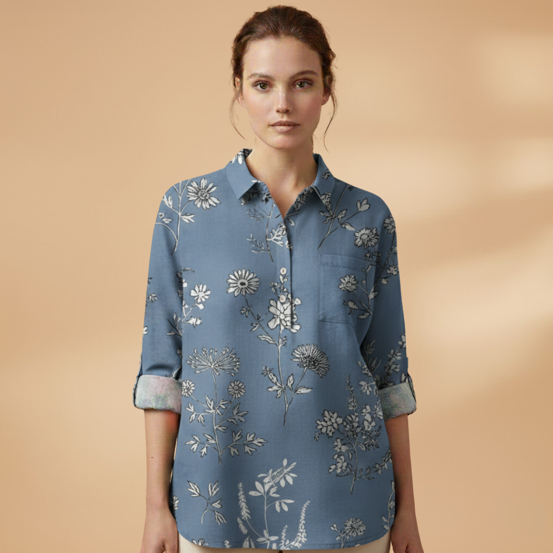 Women's Blouse with Floral Print and Rolled-Up Sleeves