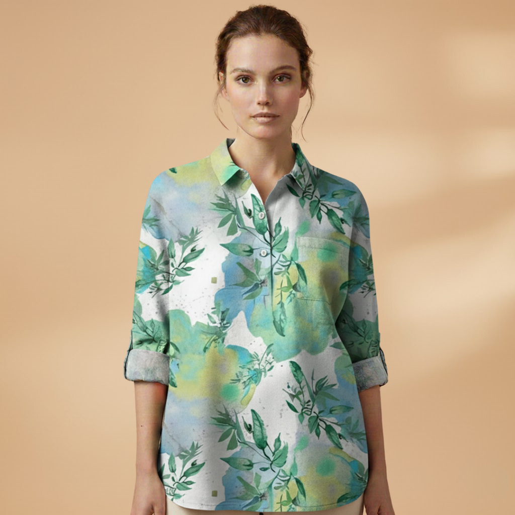 Women's Blouse with Floral Print and Rolled-Up Sleeves
