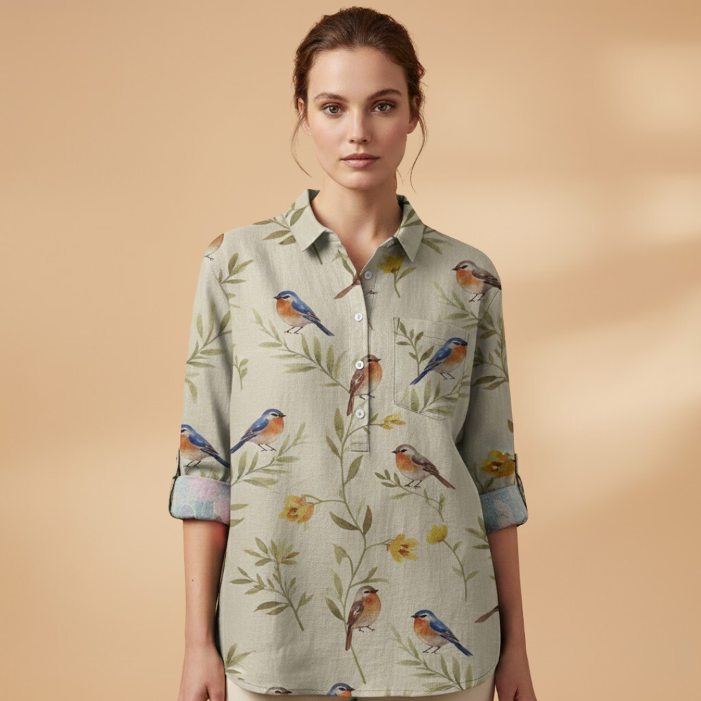 Women's Blouse with Floral Print and Rolled-Up Sleeves