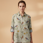 Women's Blouse with Floral Print and Rolled-Up Sleeves