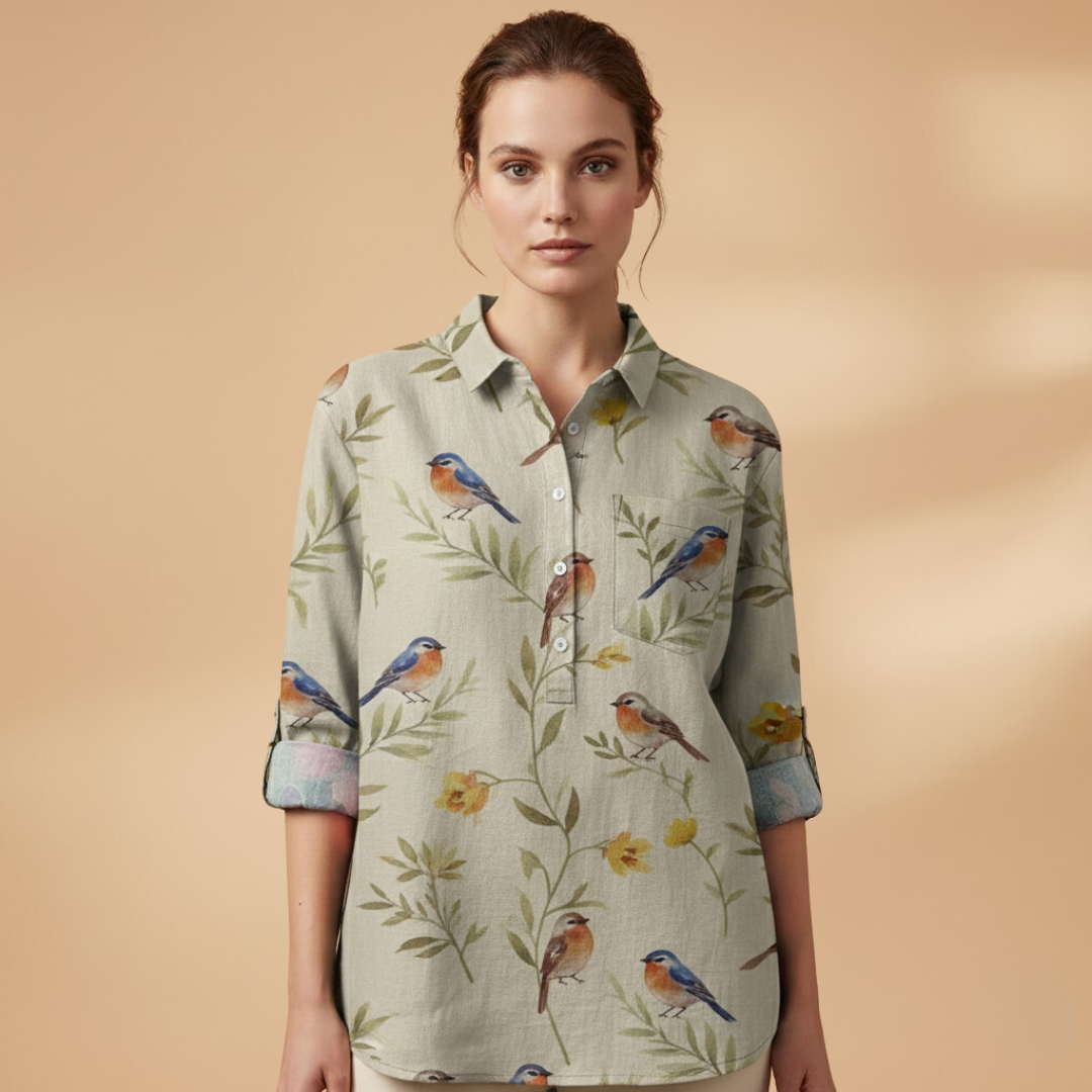 Women's Blouse with Floral Print and Rolled-Up Sleeves