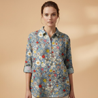Women's Blouse with Floral Print and Rolled-Up Sleeves