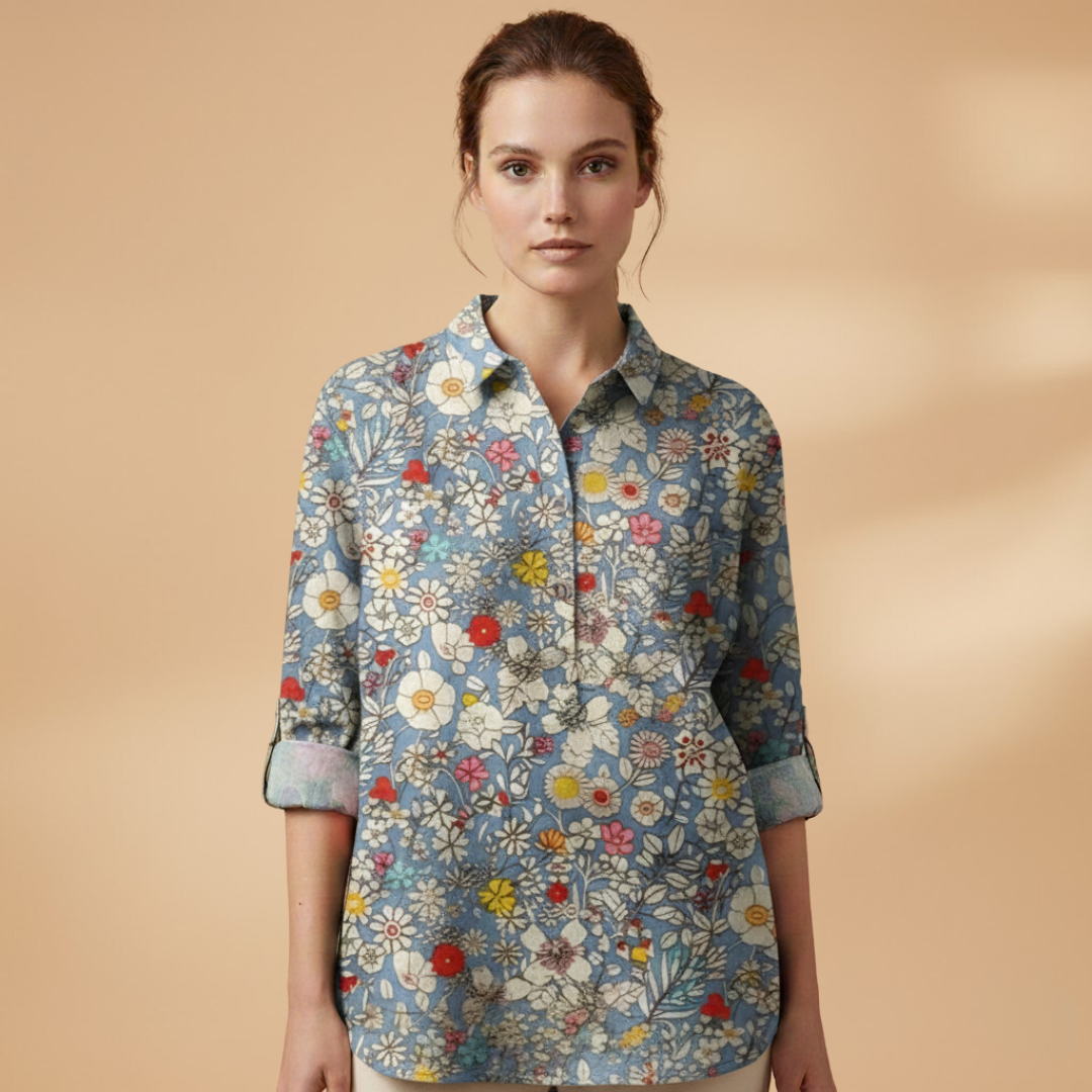 Women's Blouse with Floral Print and Rolled-Up Sleeves