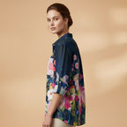 Women's Blouse with Floral Print and Rolled-Up Sleeves