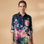 Women's Blouse with Floral Print and Rolled-Up Sleeves