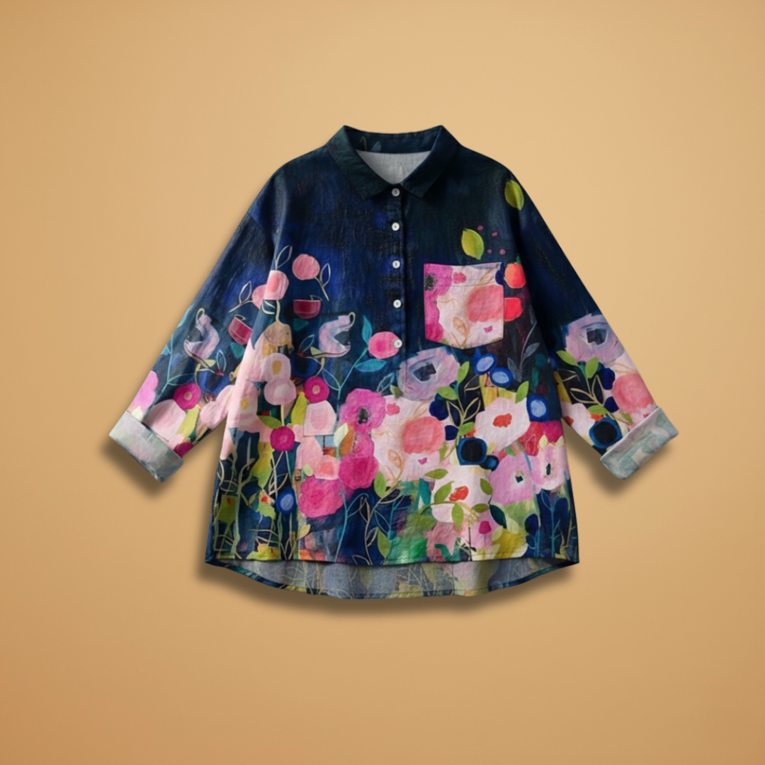 Women's Blouse with Floral Print and Rolled-Up Sleeves