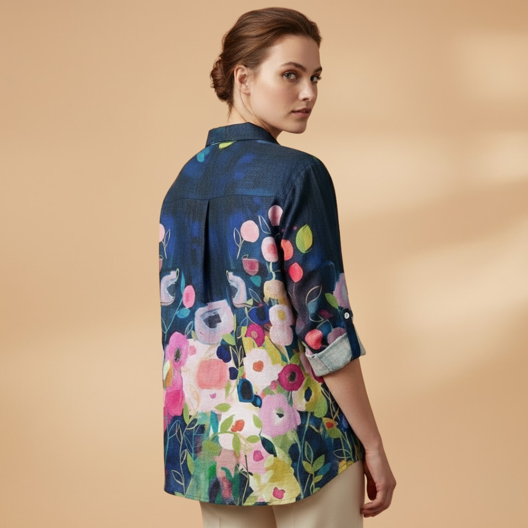 Women's Blouse with Floral Print and Rolled-Up Sleeves